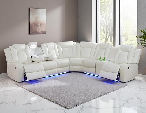 Miniatura 11 de Juego de sofá seccional reclinable eléctrico con luz LED, sofá esquinero reclinable de cuero y silla, muebles reclinables de teatro con Crema