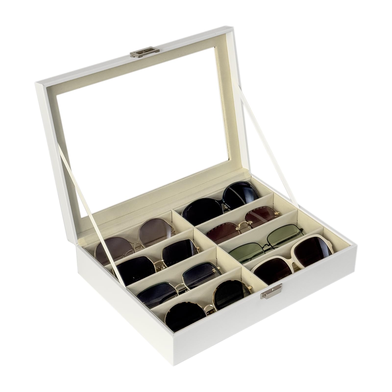 UnionPlus 8-Slots Eyeglass Sunglass Glasses Organizer Collector - Faux Leather Storage Case Box for Men Women's Glasses, White
