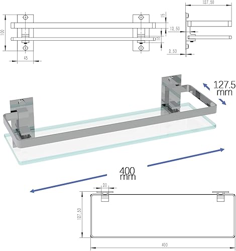 Miniatura 3 de Estante de vidrio para baño montado en la pared, rectangular de acero inoxidable templado de vidrio templado moderno estantes de baño de acero