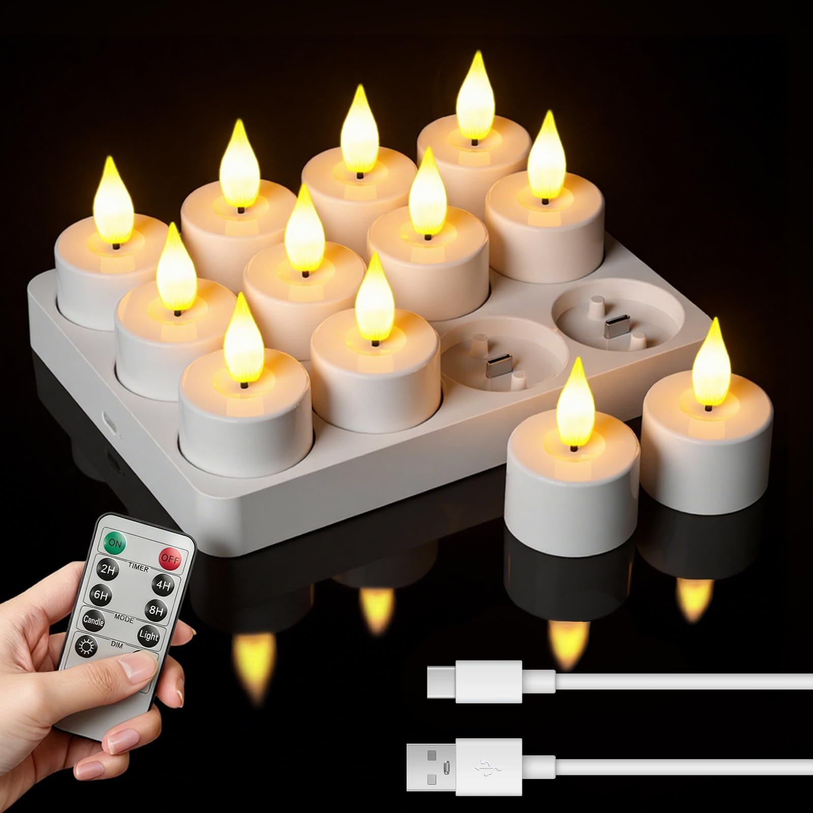 Led Teelichter 12 Stück Wiederaufladbar mit Timerfunktion Fernbedienung Flackernde Flamme Ladestation Deko