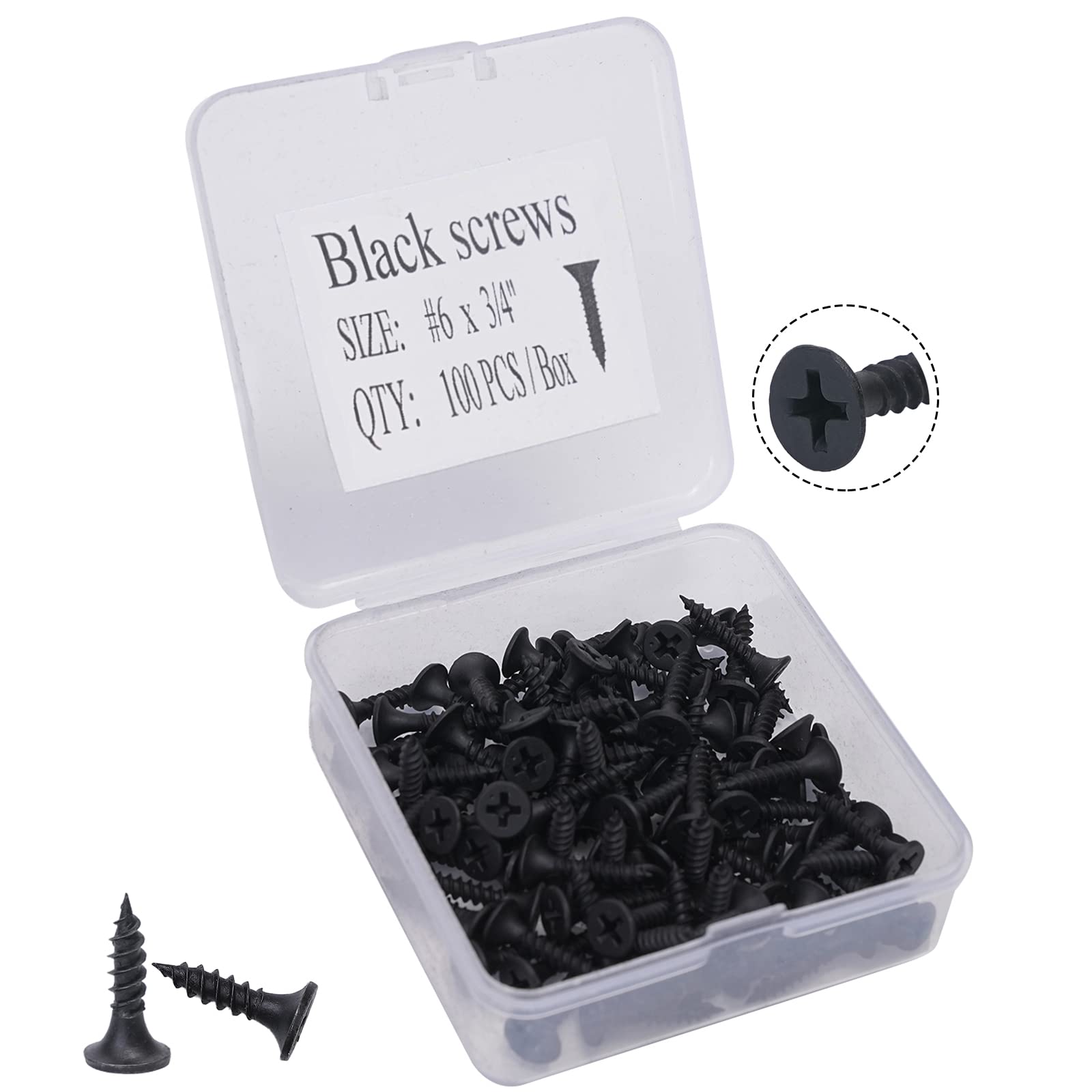 #6 X 3/4" Wood Screws 100pcs Black Flat Phillips Screws Self Tapping Wood Screws Carbon Steel Assorted Drywall Screws for Wood, Cabinet, Furniture
