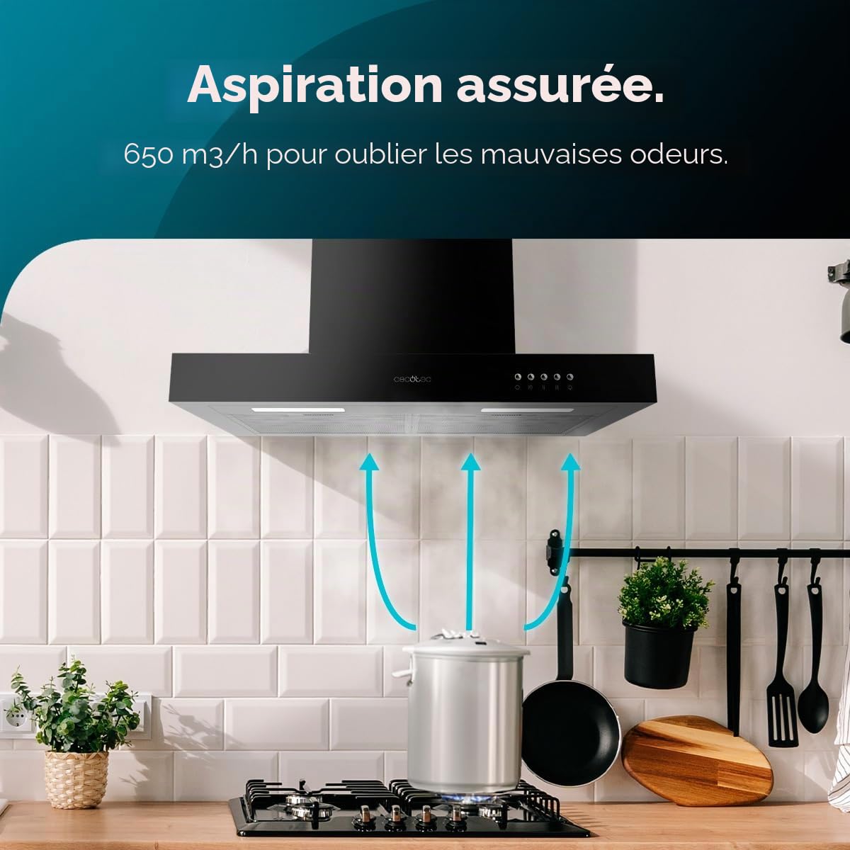 Cecotec Hotte Aspirante 60 cm Type T Bolero Flux TM 606500 Black A. Moteur 165W, Finition en Noir, Aspiration 650m3/h, Contrôle Mécanique, 3 Niveaux de Puissance, Éclairage et Filtre à Charbon