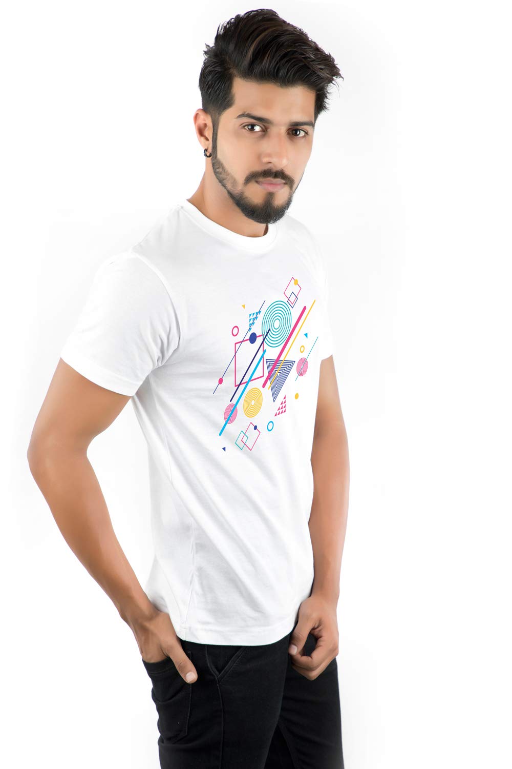 IAD Stylez 100% Cotton Half Sleeves Round Neck White Printed T-Shirt for Men (Geometric)