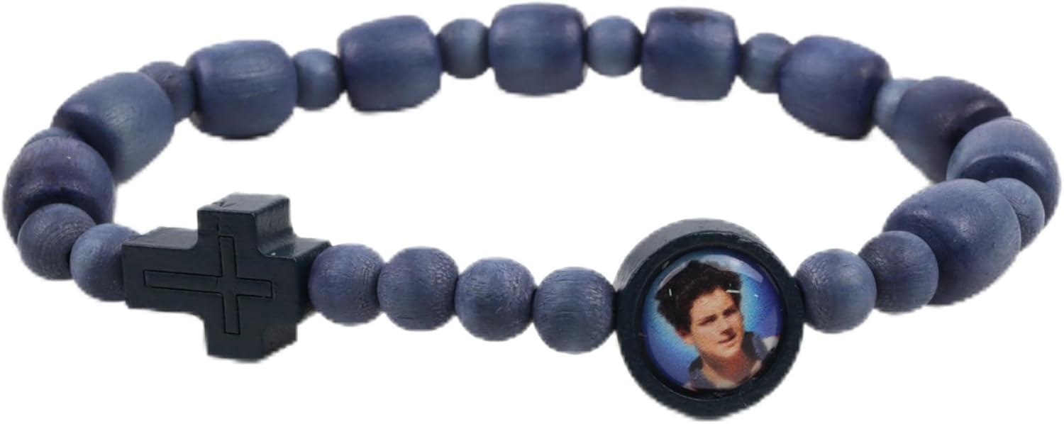 Needzo Carlo Acutis Stretch Bracelet, Blue Wooden Bead Accessory, Catholic Devotional Gift, 3.12 x 2.12 Inches
