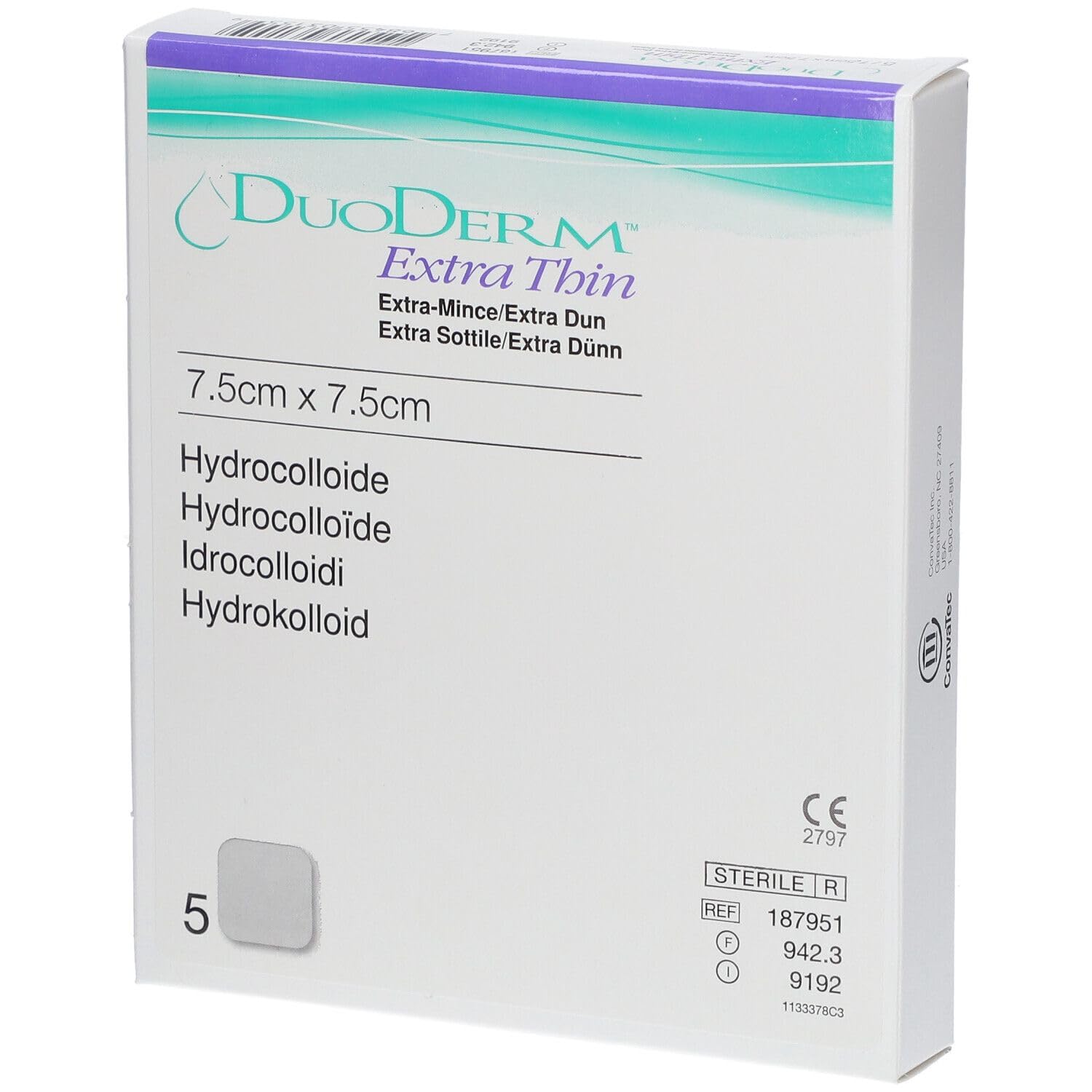 Apósito hidrocoloide extradelgado estéril, para heridas con exudado, 7,5 x 7,5 cm, 5 unidades