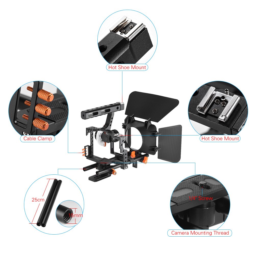 Andoer C500 Camera Rig Aluminiumlegierung Kit mit Kamera Cage, Matte Box+ folgt, Follow Focus+ Handgriff + 15mm Rod, Kamerarecorder Videokäfig Rig Installationssatz Film für Panasonic GH4