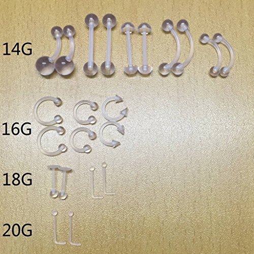 Oasis Plus 22pcs 14G 16G 18G 20G Clear Flexible Bioplast Retainer Navel Belly Ring Eyebrow Tongue Nipple Barbell Nose Lip Labret Stud3