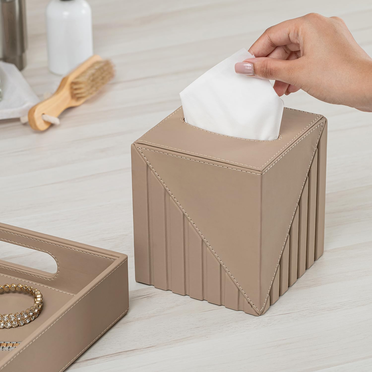 Spread Spain Elegant Fluted Square Tissue Box - Stylish Tissue Holder for Home Office Bathroom and Living Room Decor - Modern and Functional Design - Perfect for Organizing Tissues - Beige-image-23