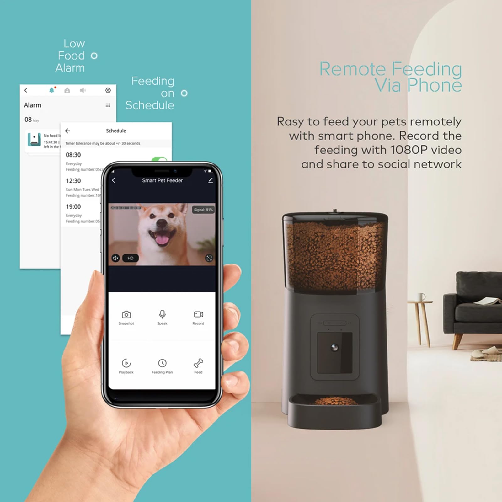 Distributore Automatico Cibo Gatti Dispenser Crocchette Gatto con Telecamera Distributore Cibo Collegare App Timer Programmabile 12 Pasti al Giorno E Funzione di Registrazione 10S,Nero