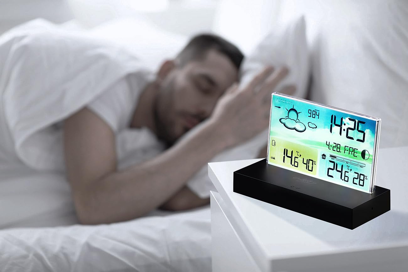 infactory Cyfrowy Zegar Ścienny z Radiową Stacją Pogodową, Bezramkowym Wyświetlaczem LCD i Czujnikiem Zewnętrznym (Miernik, Kolor)