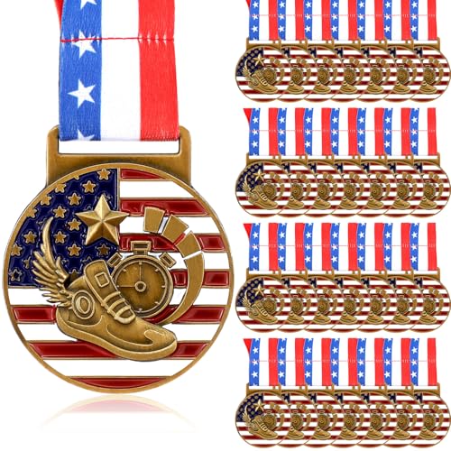 Loetere 30 Pieces Running Patriotic Medals Gold Running Medals Bulk Athletics Trophy with Neck Ribbons Spirit Medallion with Stars Stripes American Flag for Sports Trophy Participation Winner Gift