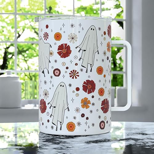 Miniatura 2 de Retro Ghost Halloween Insulated Travel Coffee Mug with Lid, Spooky Fall Autumn Season Cup (18oz)