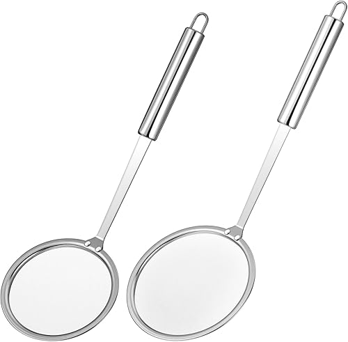 2 cucharas de espumadera de grasa, cucharón de malla fina de acero inoxidable con mango largo, desnatador de olla caliente para cocina, filtro de