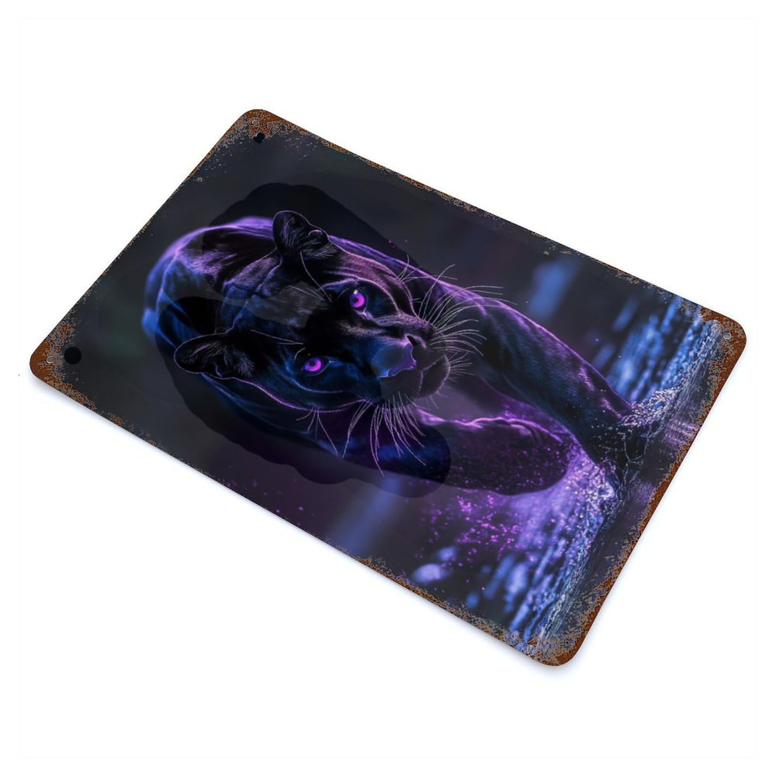 Black Panther with Glowing Eyes Distressed Metal Wall Sign 11.8"x7.9", Rustic Home Decor for Farmhouse, Kitchen And Entryway Decor