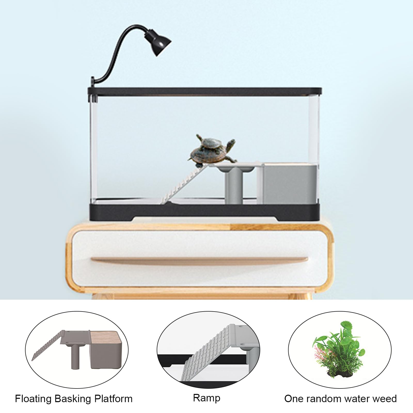 Vivario para tortugas, acuario para tortugas con plataforma flotante, terrario para reptiles con luz de baño, hogar para tortugas fácil de limpiar y cambiar el agua, para cangrejos 40x22x23cm