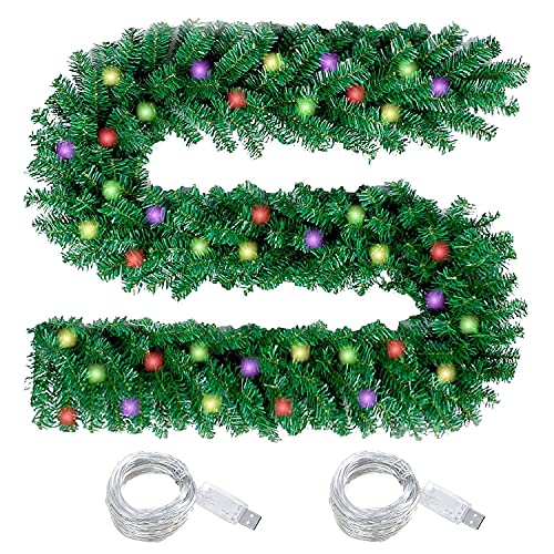 LessMo 16.4 Feet Christmas Garlands Decorations, Green Artificial Greenery Tree Branch with 2 Pack LED Lights, for Outdoor or Indoor Fireplaces Stair Garden Yard Christmas Party Decor