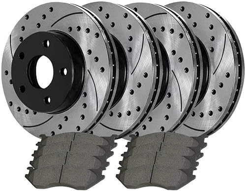 AutoShack - Juego de 4 pastillas de freno perforadas y ranuradas delanteras y traseras, color negro y cerámica, repuesto para Dodge Ram 1500