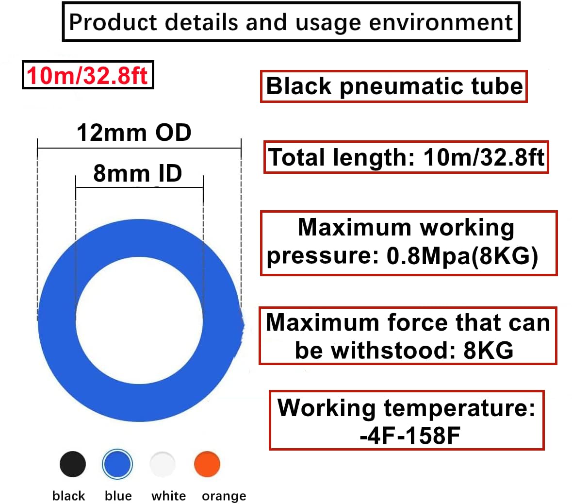 10 Meter Noir Pneumatique Tuyau Air Comprimé,Polyuréthane PU Air Tuyau Kit 12mm OD x 8mm ID 32.8ft,avec 14 Connecteur Pneumatique (Y/T/L/I)
