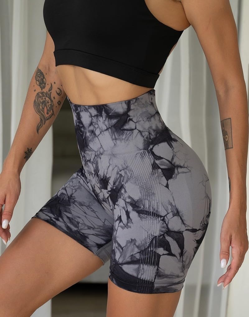 Tie-Dyed High Waist Shorts Women's Sports Yoga Quick-Drying Fitness Training Hip Shorts Grey