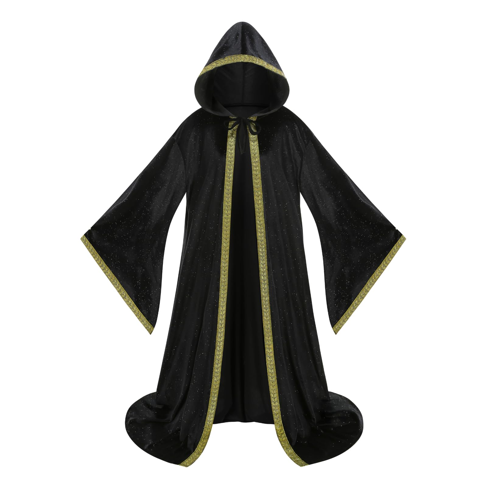 HAPNBCELE Wizard Robe Cloak with Hood Men Women, Renaissance Costume Medieval Velvet Cape Long Sleeve Halloween Dress Up (Black-New2, 63 Inches/160cm)