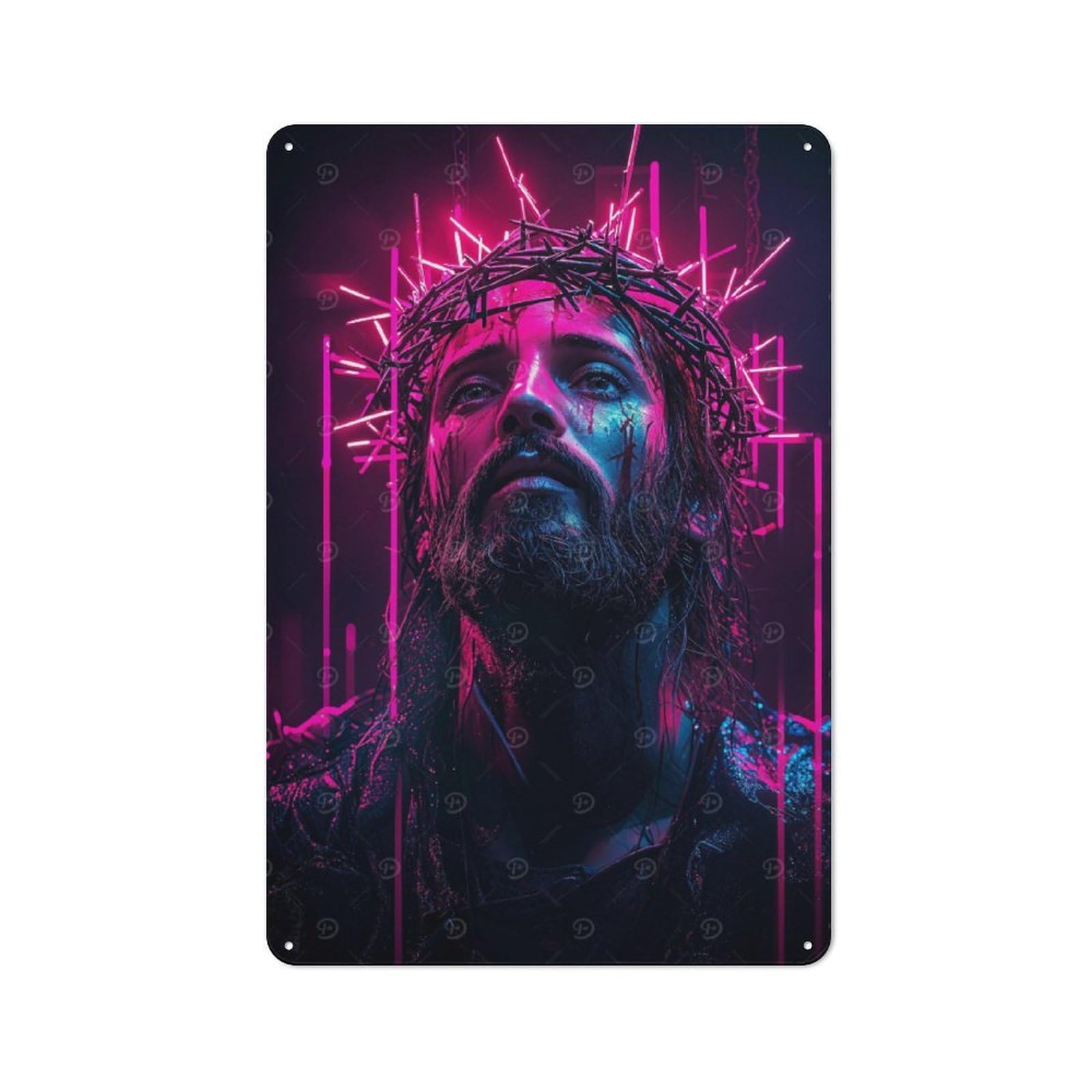 Junmoney Jesus In Neon Lights Metal Plaque 30X20cm With For Hallway Wall, Rustic Decor, For Garage, Workshop And Man Cave Decoration
