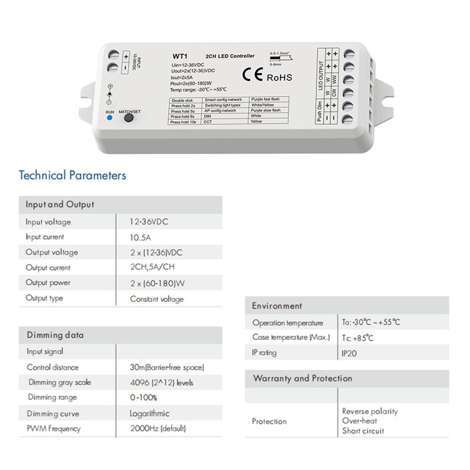 Controlador LED atenuador LED 12V 24V 36V DC 2CH 2,4G interruptor atenuador WW CW CCT controlador WT1 controlador LED(WT1 and R11)