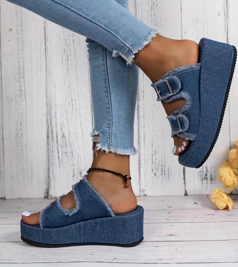 Denim Platform Women's Slippers 5CM Thick Sole with Double Buckle Decor, Comfortable Casual Shoes for Summer Jeans Outfits & Leg-Lengthening Design (4 Colors)3