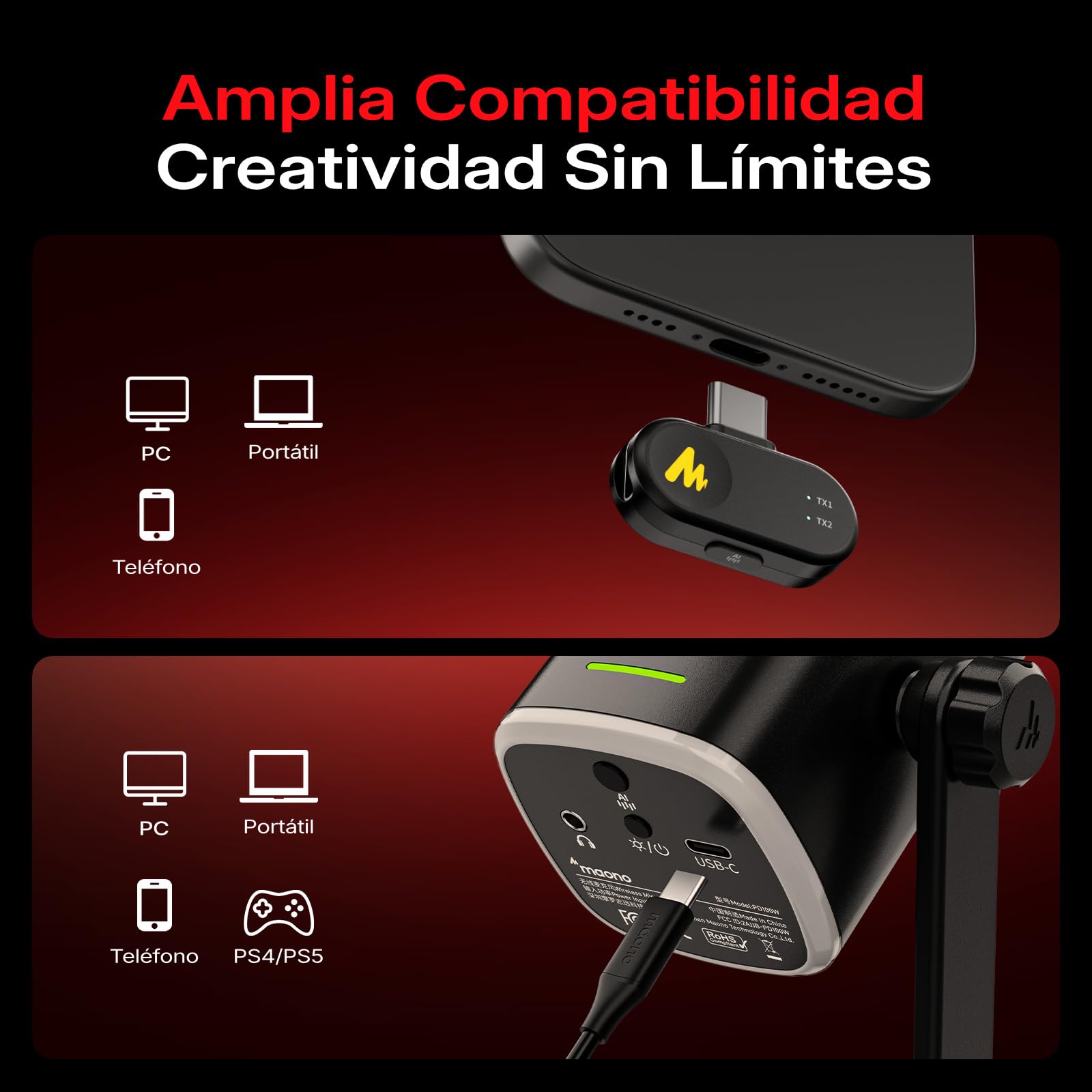 MAONO PD100WS Micrófono Gaming Inalámbrico para PC, Micrófono Dinámico USB con Brazo, 3 Niveles de Reducción de Ruido, RGB, Botón Mute & EQ por Software para Streaming, Podcast & Grabación, Negro