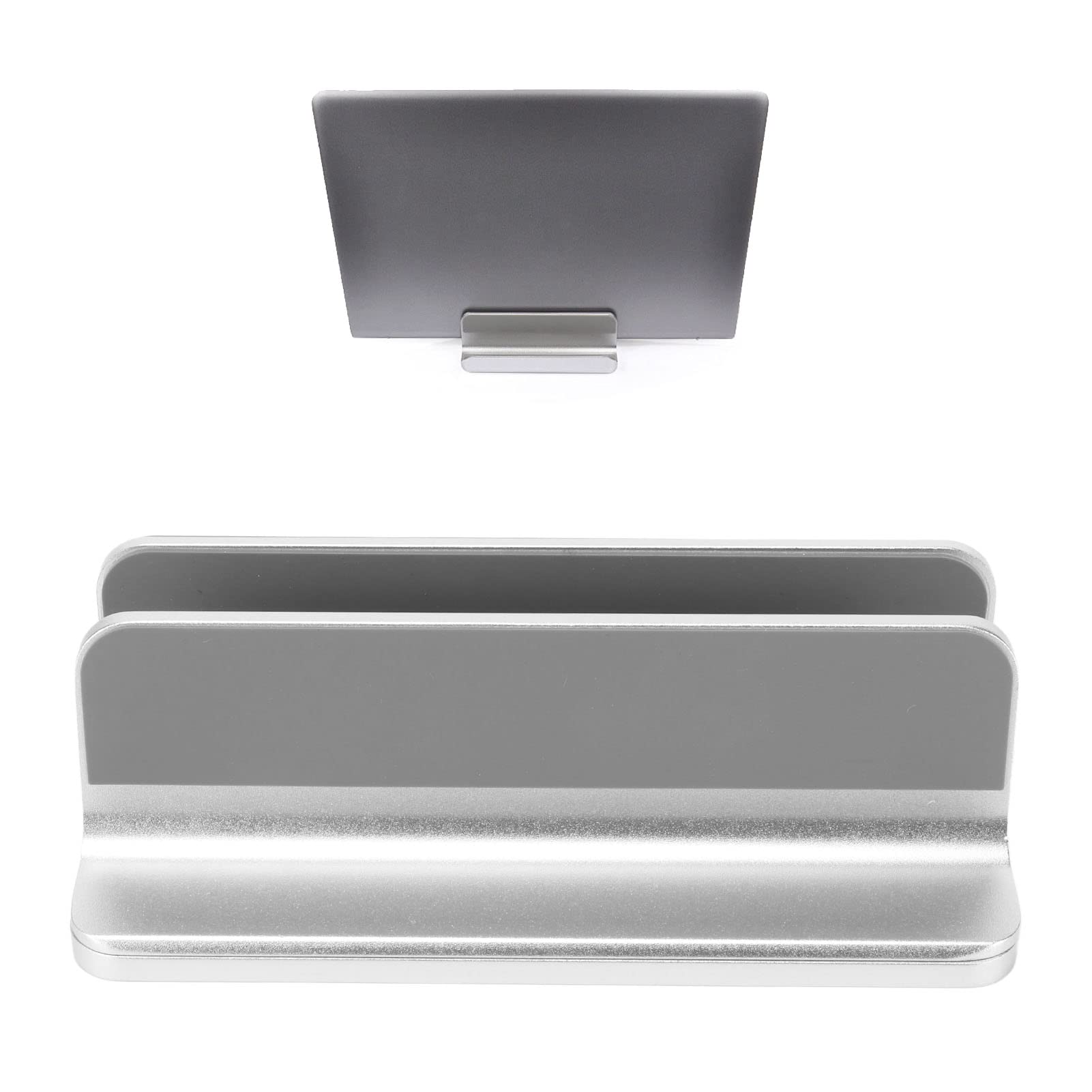 Supporto verticale per laptop in lega di alluminio argentato di qualità premium, robusto design curvo 3D con cuscinetti in silicone antiscivolo, supporto sicuro e stabile p