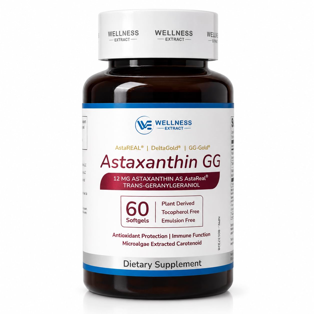 Astaxanthin 12mg Supplement – AstaREAL™ Sourced from Microalgae with GG-Gold® Geranylgeraniol & DeltaGold® Tocotrienols, Non-GMO, Gluten-Free, Antioxidant Support for Eye, Skin & Heart – 60 Softgels