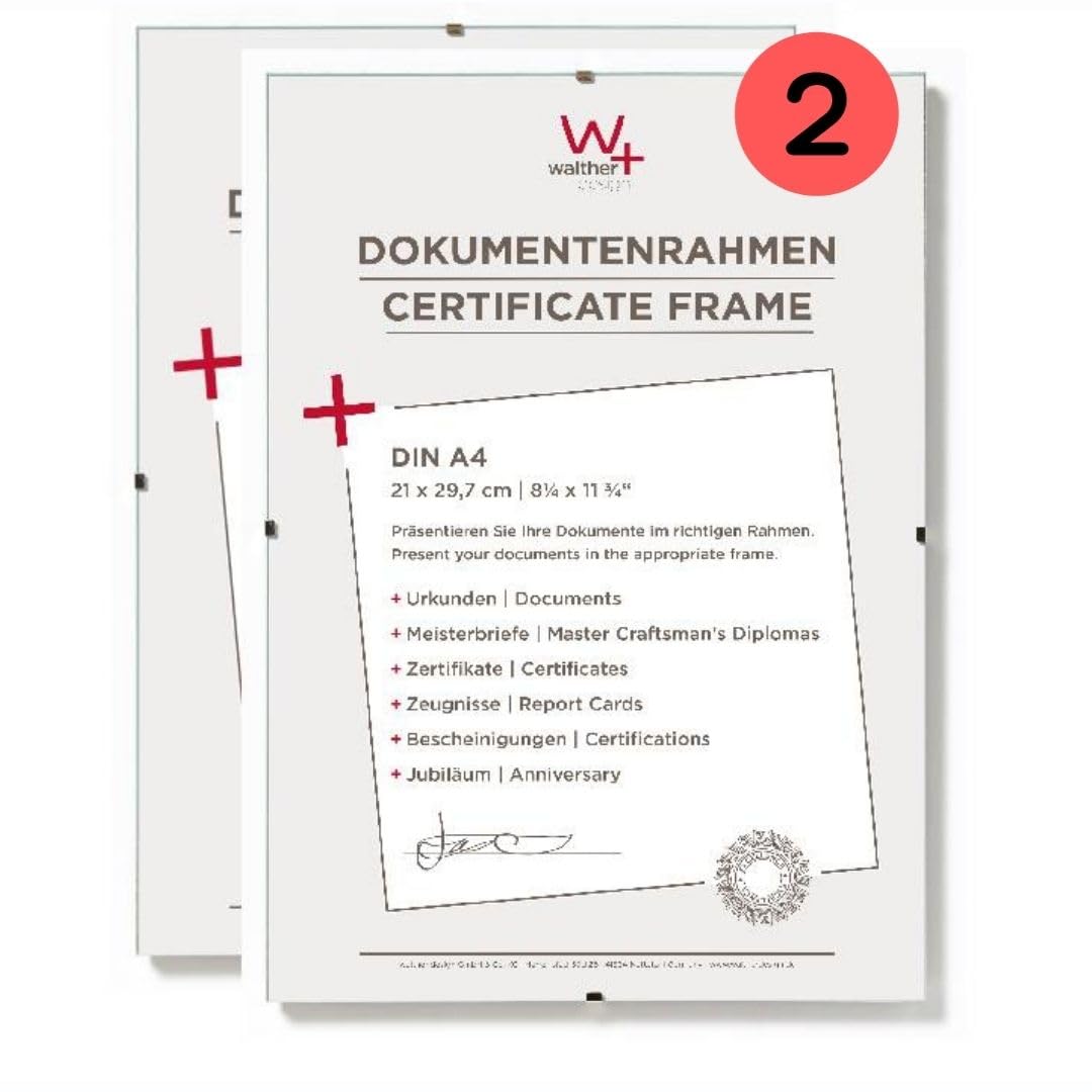 walther design Bilderrahmen Klarglas21 x 29,7 cm (DIN A4) Dokumentenrahmen Doppelpack, Rahmenlose Bildhalter RB130KD