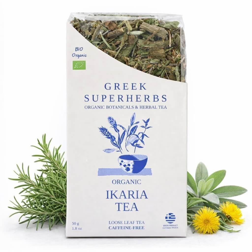IKARIA Tea | Blue Zone Herbal Tea for Longevity | Sage, Dandelion, Rosemary | 100% ORGANIC, Caffeine-Free, Natural, Earthy Flavor | Product of Greece 50G (1.8 OZ) (30 servings)