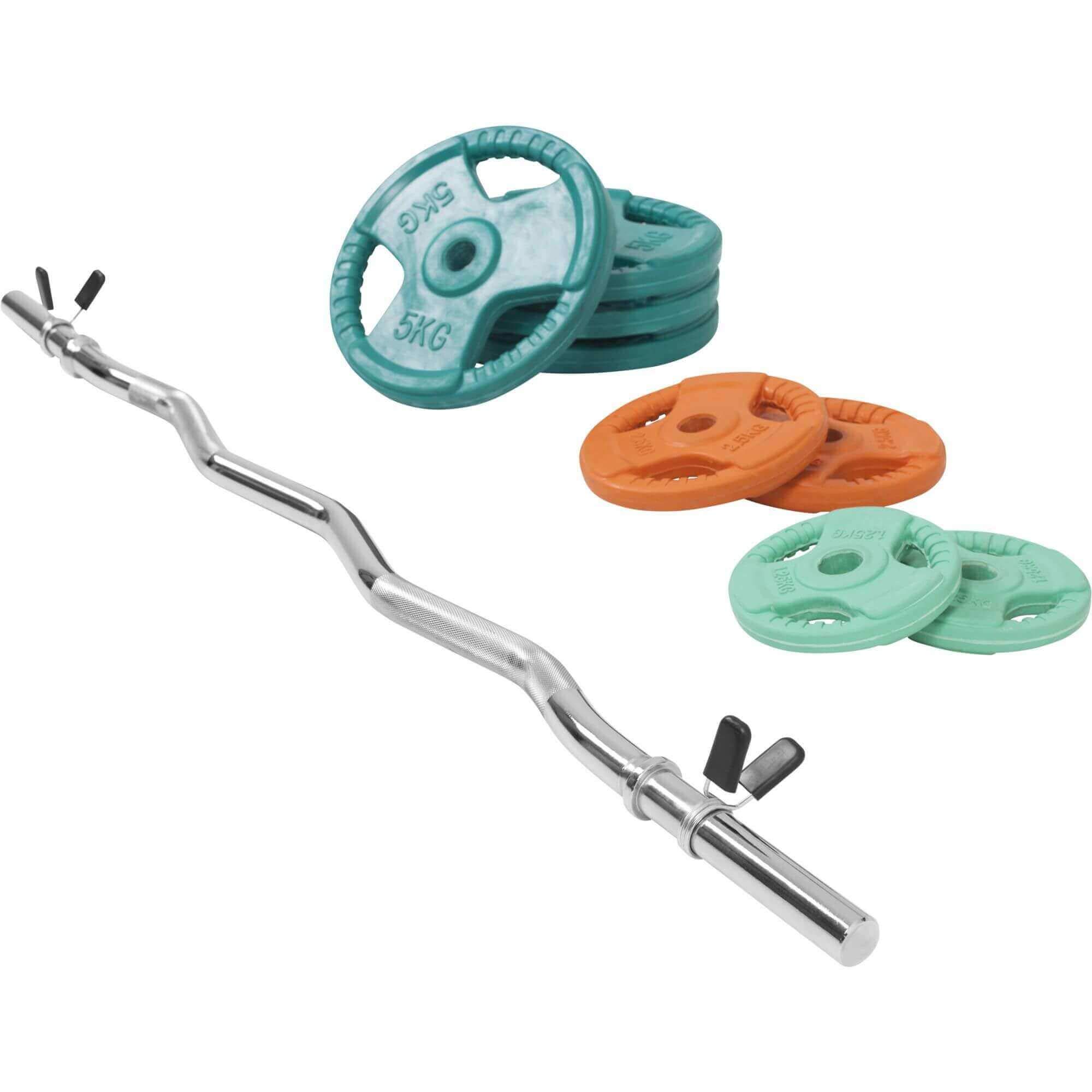 GORILLA SPORTS® Hantelset 35 kg mit SZ-Curlstange 120 cm, 30 mm, verchromt | 8 gummierte Gusseisen-Hantelscheiben, gerändelte Griffe und 2 Feder-/Sternverschlüsse, bodenschonend und rutschfest