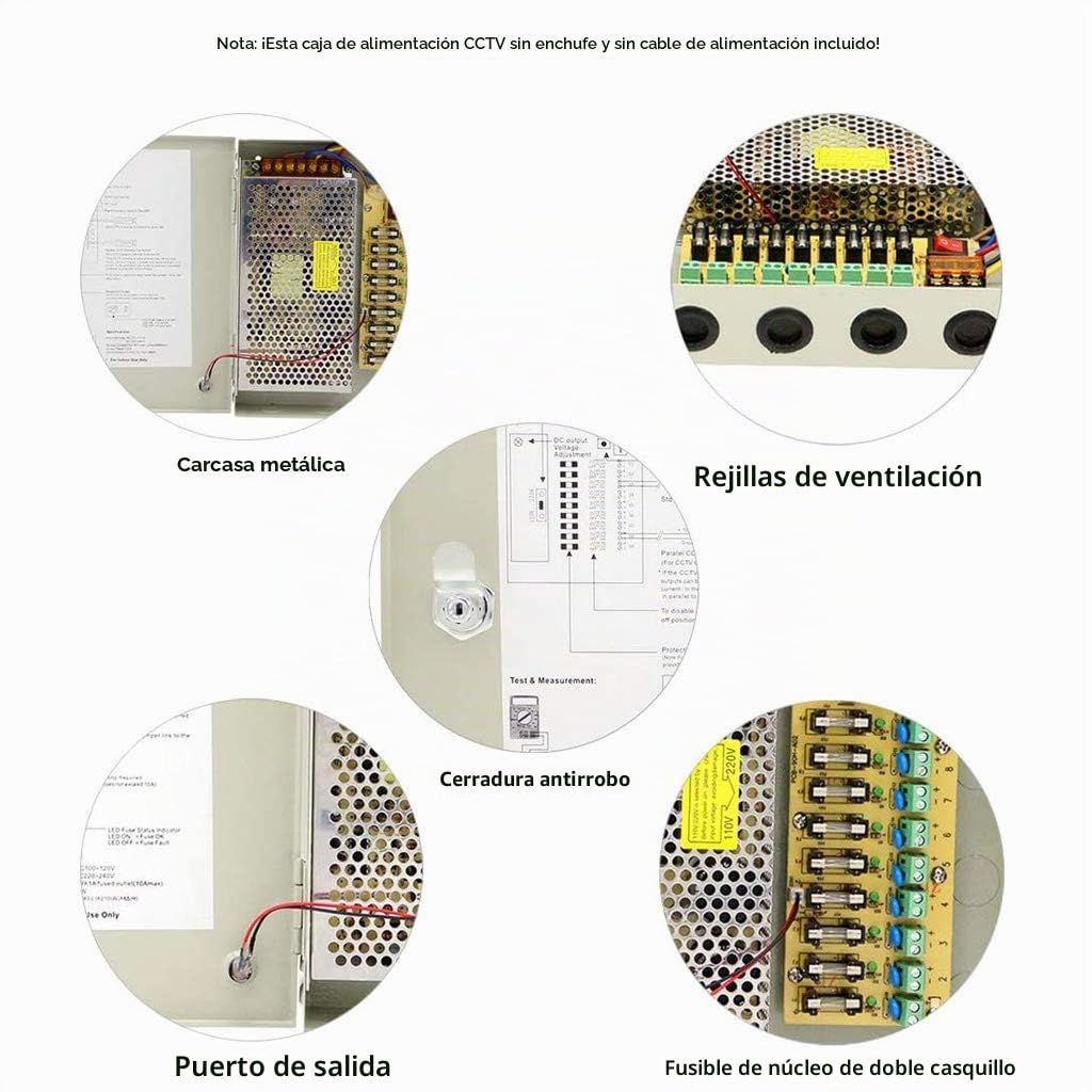 Fuente de Alimentación 12V 10A 9 Canales, Caja de Distribución CCTV para Cámaras de Seguridad, Protección contra Sobrecarga, Montaje en Pared, para Sistemas de Vigilancia y LED