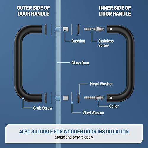 Miniatura 30 de Ranbo Manija tubular de puerta de ducha de 8 pulgadas (CTC) de oro pulido, acero inoxidable 304 de 1/4 a 1/2 pulgadas de grosor y puertas de madera
