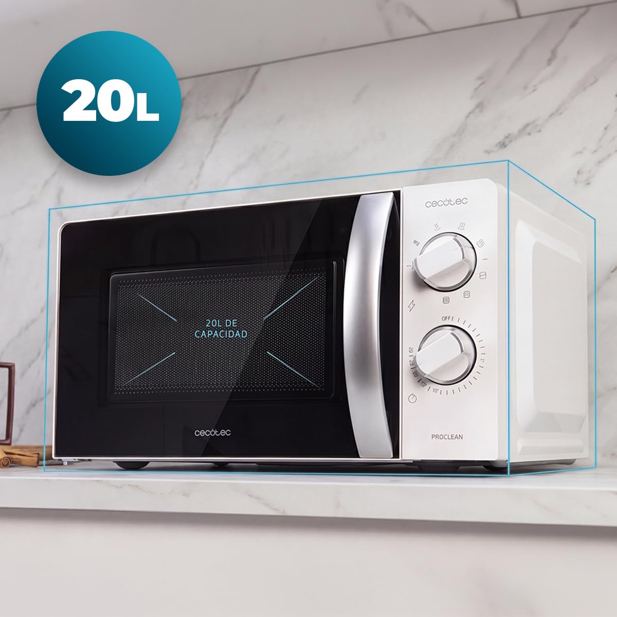 Cecotec Kuchenka mikrofalowa 20 l z grillem ProClean 2110 Wave, 700 W z 6 poziomami mocy, pojemność 20 l, funkcja grillowania, technologia 3DWave, tryb rozmrażania, timer do 30 min