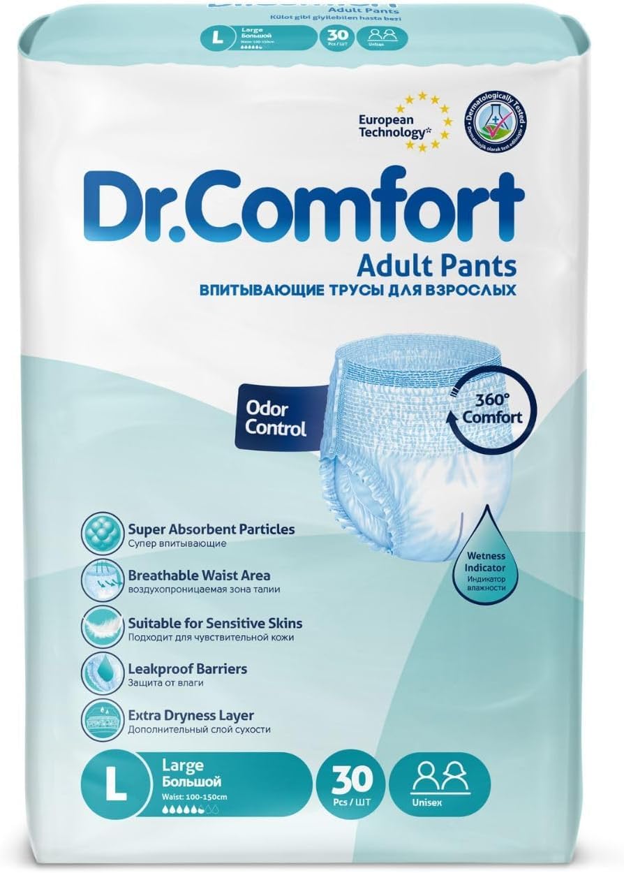 Dr. ComfortAdult Diaper Pants Large, 100 -150 cm, Super Absorbent, Leakproof, Breathable, Skin-Friendly - Pack of 30