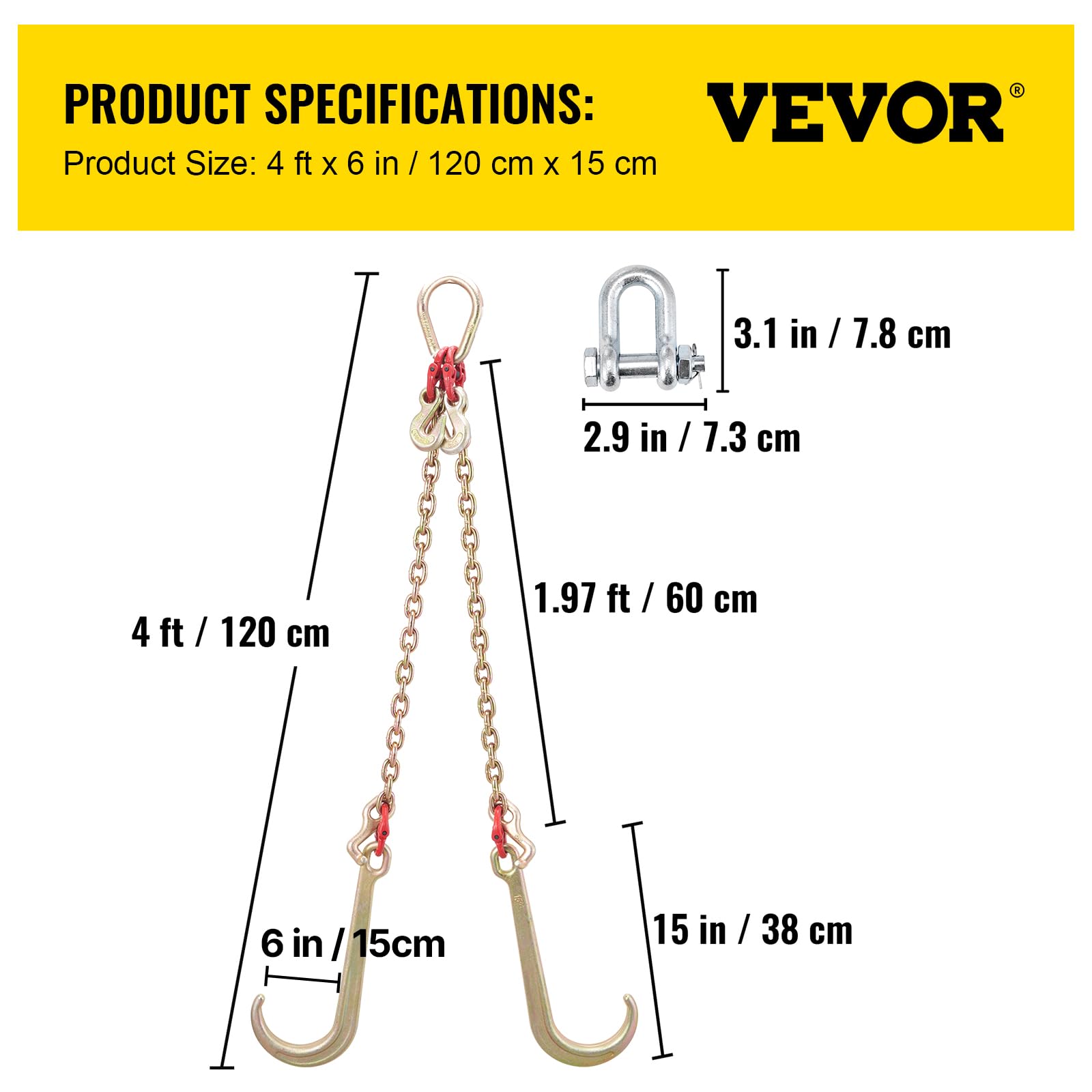 VEVOR Cadena de brida en V Grado 80 Transporte 4,2 T con Ganchos T 10x6cm J 38x15cm