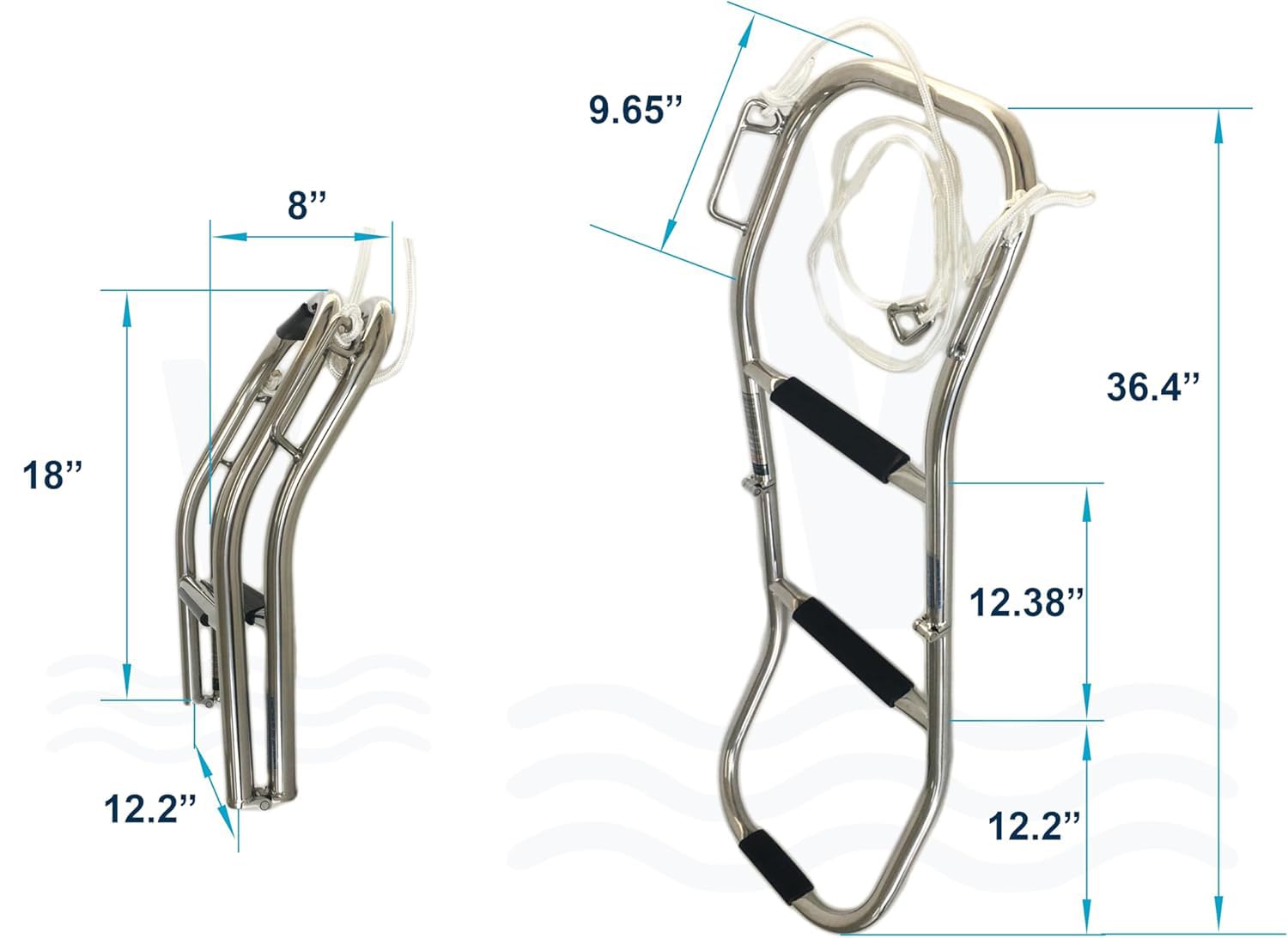Seamax - Scaletta per imbarco a 3 gradini con manico e gancio integrati, in acciaio inox 316, telescopico, pieghevole, per gommoni, kayak e gommoni, antiscivolo, leggera, facile da riporre