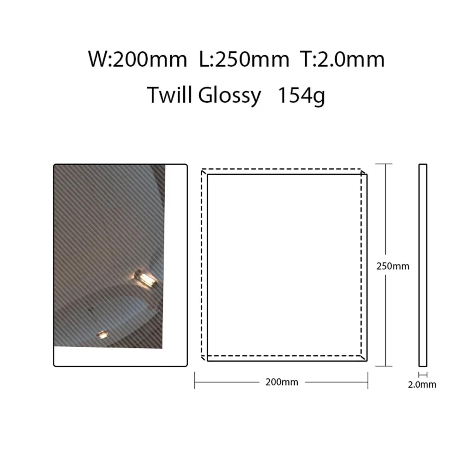 Panel z pełnej blachy z włókna węglowego 200x250 mm 3K 0,5-6 mm 1 szt.(2.0mm Twill Glossy)