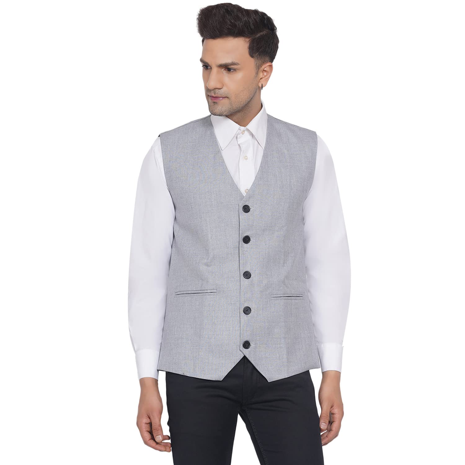 ghanshee Men's Slub Plain Waistcoat (Silver)-picture-10