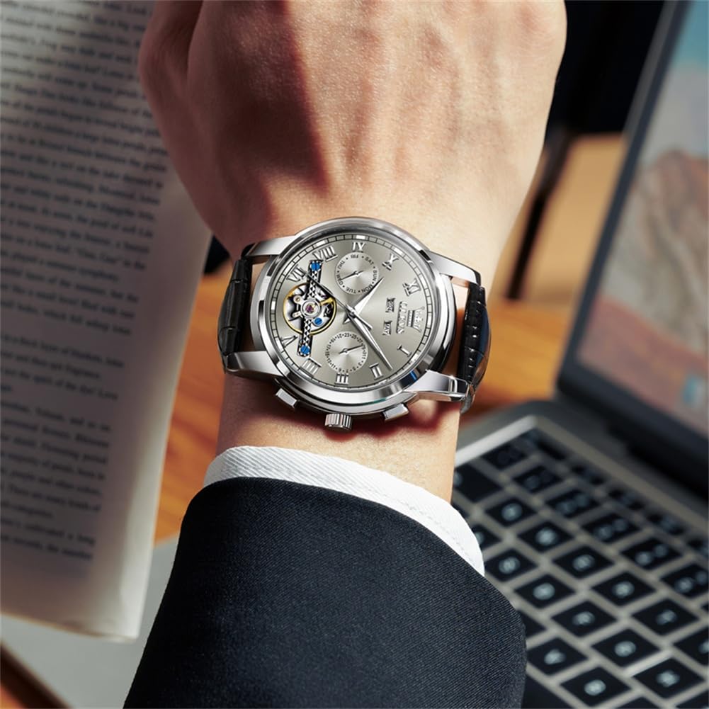OLEVS Men's Watch Automatic Luxury Dress Tourbillon Chronograph Big Face Calendar Self Winding Wrist Watches for Men Business Moon Phase Mechanical Male Watches Luminous Waterproof