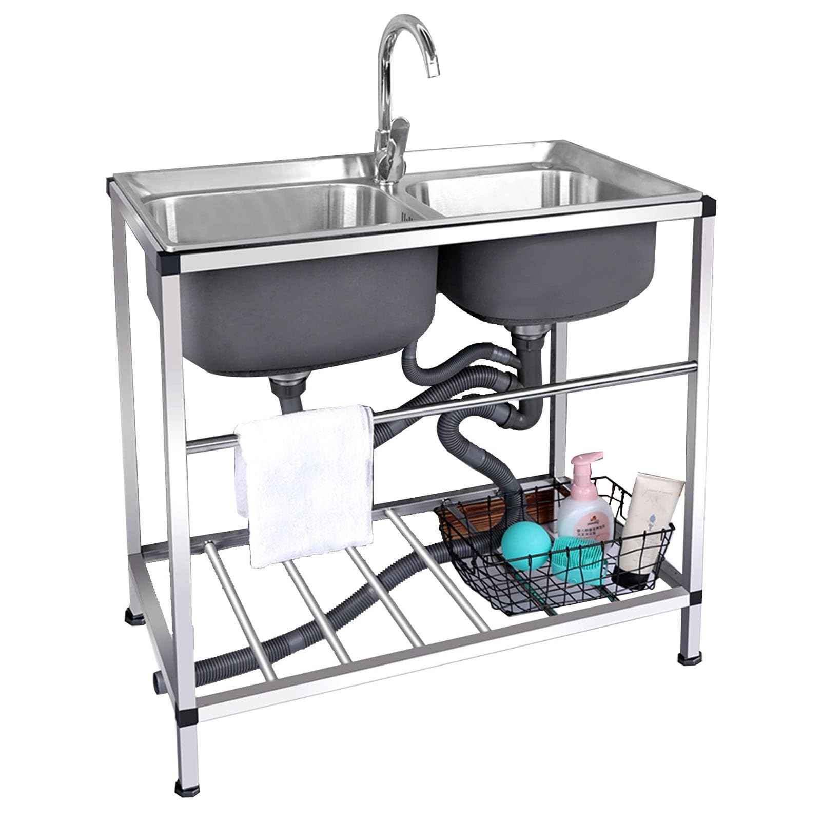 LMYSXAOZ Freestanding Stainless Steel Kitchen Sink, Double Bowl Sink with Hot and Cold Faucet Utility Sinks for Outdoor, Laundry Room