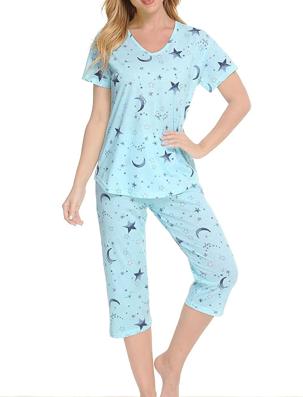 CHUNG Women Cotton Pajama Sets Sleepwear pjs Short Sleeve Shirt Capri Length Crop Pants Cute Vivid Print