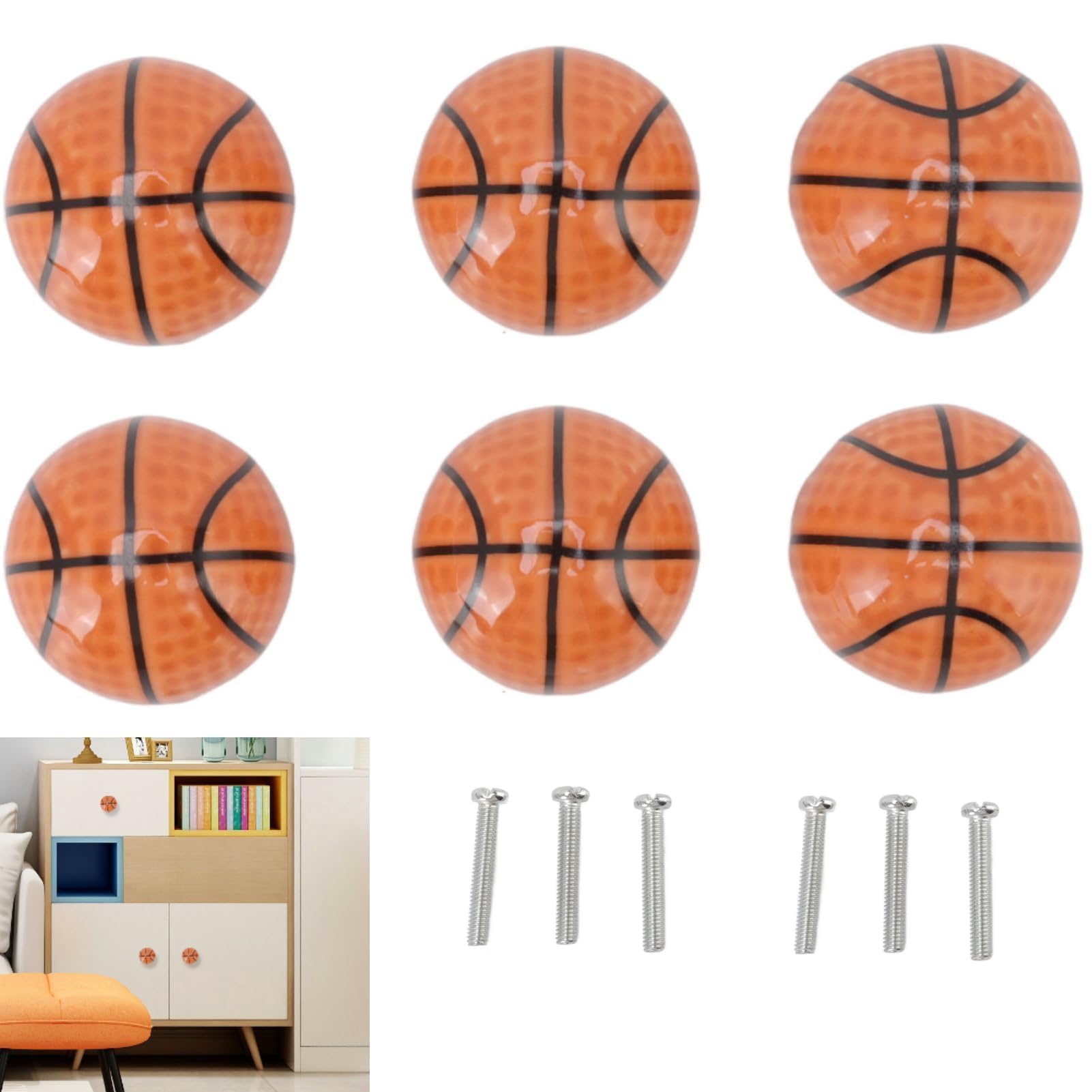 Cyrank Basketball-Schrank-Schubladen-Türgriffe, 6er-Set, Kugeltyp, Einzelloch, für Kinder, Kommoden, Schubladen, Schreibtischgriffe, Sport, Kinderzimmer, Küche, Schlafzimmer, Dekoration