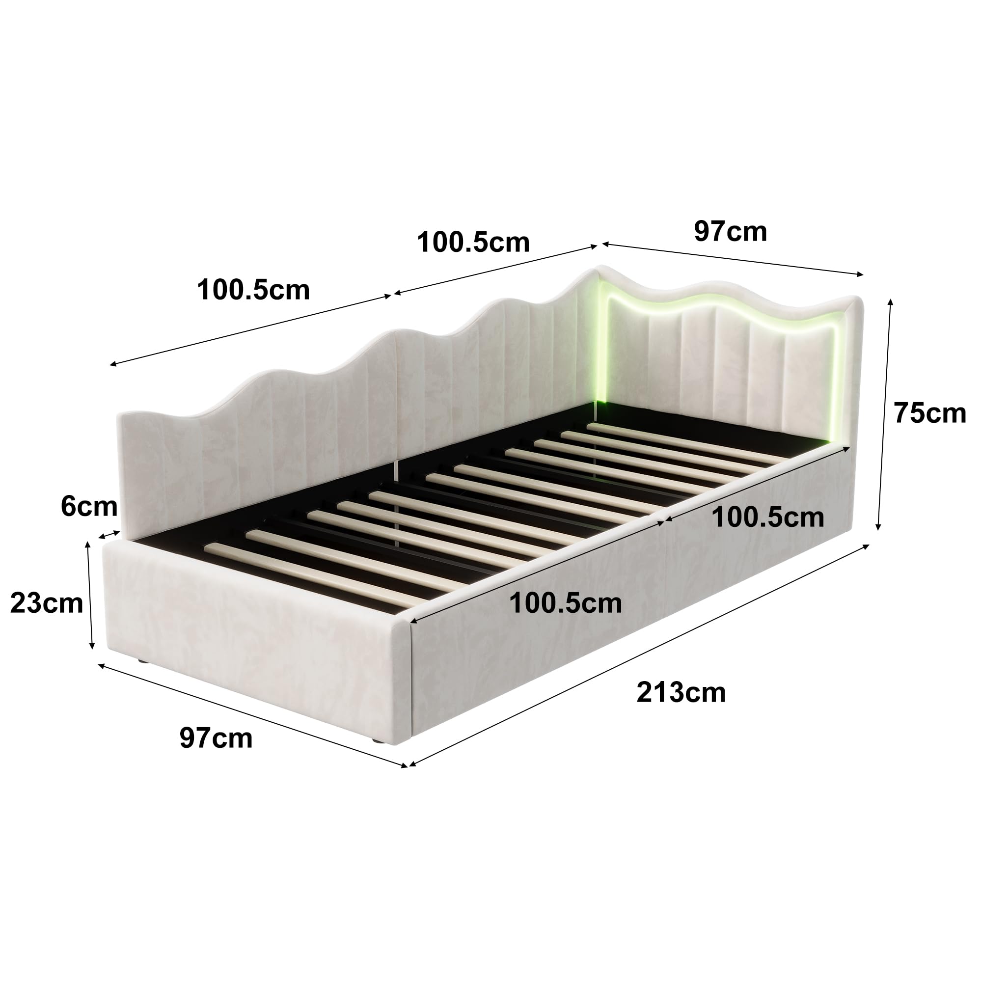 BRILVERDE Divano letto singolo 90x200 con luce LED, Poltrona letto singola con contenitore idraulico, letto con testiera, struttura letto con rete a doghe, in velluto (Beige, 90 x 200 cm)