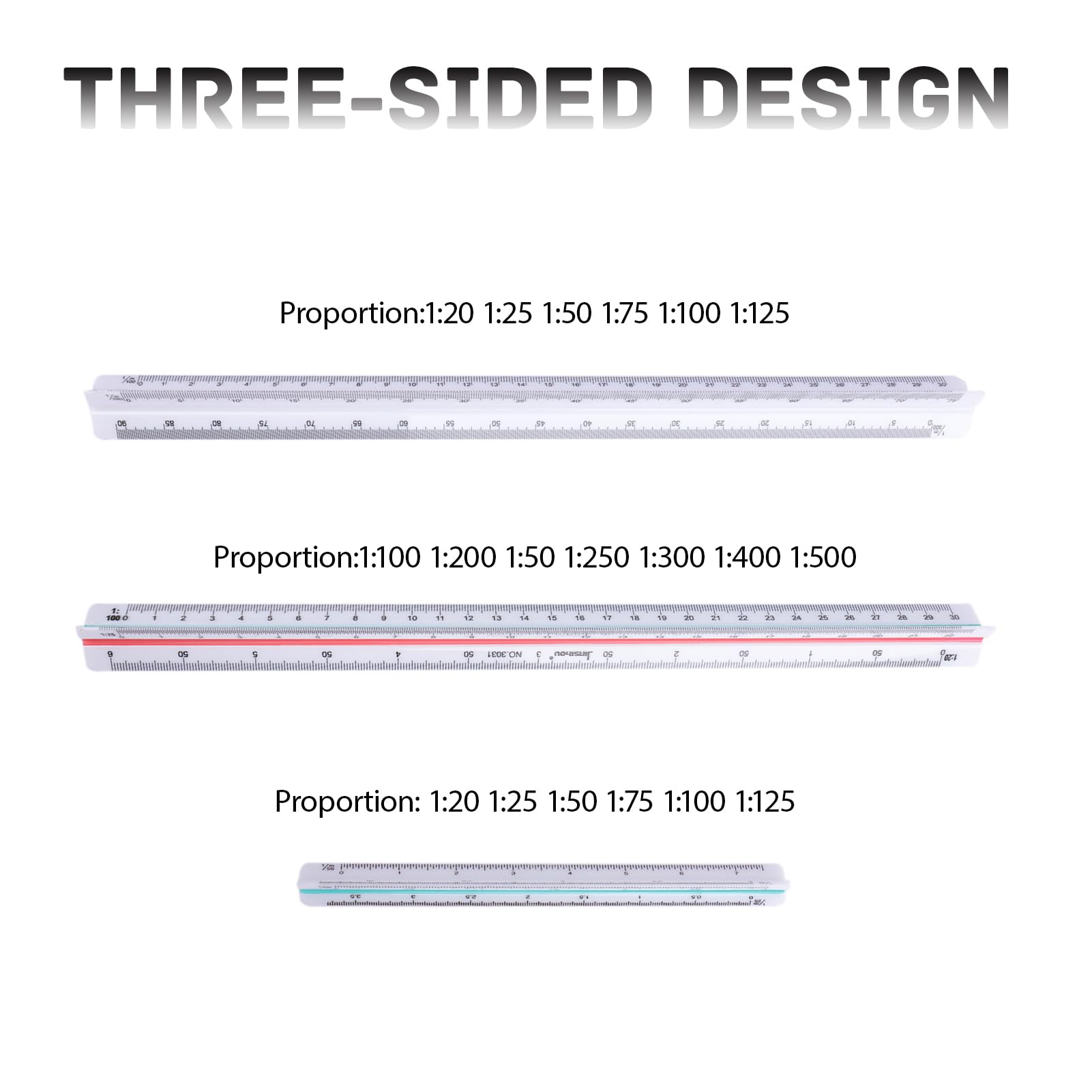 3 Piezas Regla de escala de plástico, escalimetro de 30 cm con Grabado Láser, (1:20 1:25 1:50 1:75 1:100 1:125 1:200 1:250 1:300 1:400 1:500) – Ideal para Arquitectos, Ingenieros y Estudiante