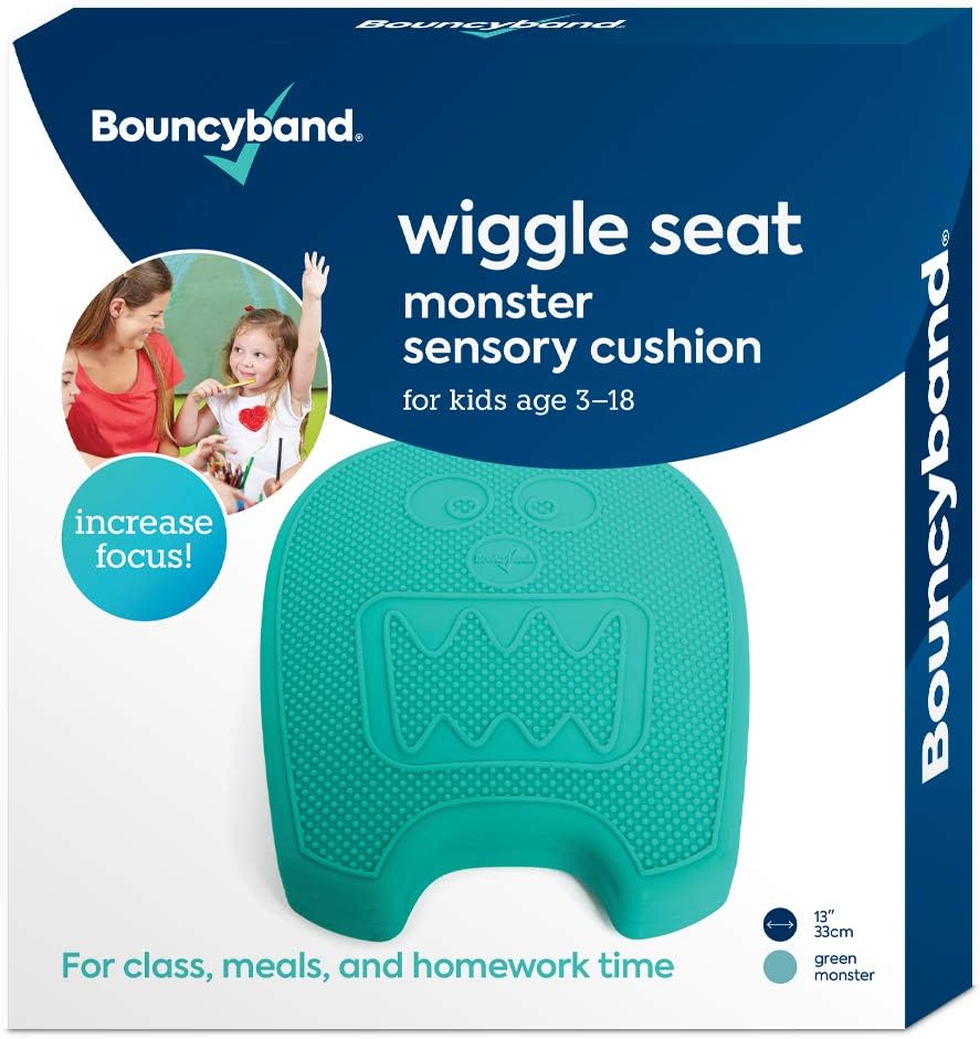 Shaped Wiggle Seats by Bouncyband – Green Monster, 13"x10.5"x2.2" – Inflatable Sensory Cushion for Kids, Improves Student Productivity and Focus, Comes with Easy-Inflation Pump to Customize Firmness