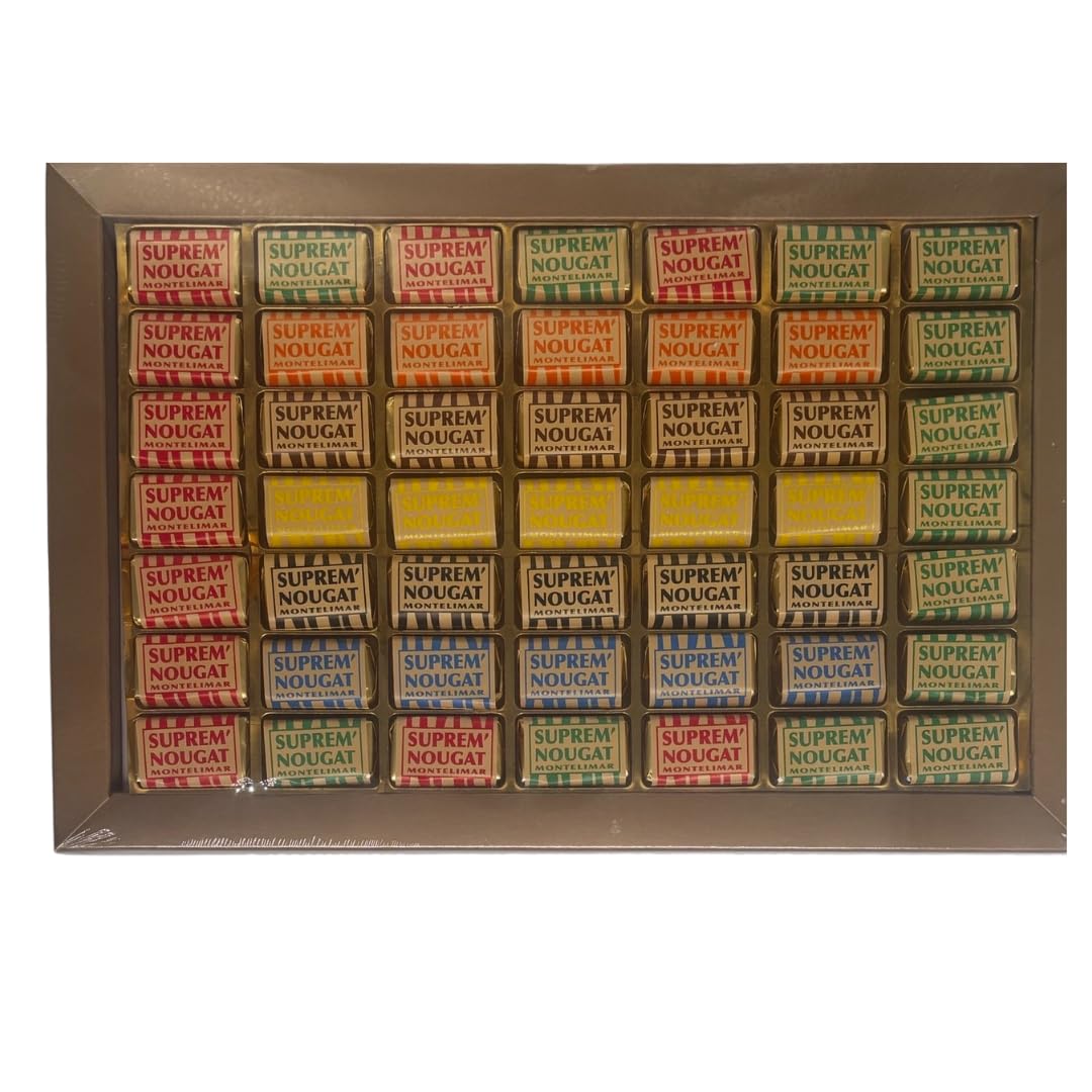 Suprem Nougat | 49 pièces, nougats durs et tendres de Montélimar | assortis, classiques et au chocolat | boîte transparente 490 g | amandes et miel de lavande | douceur artisanale à offrir