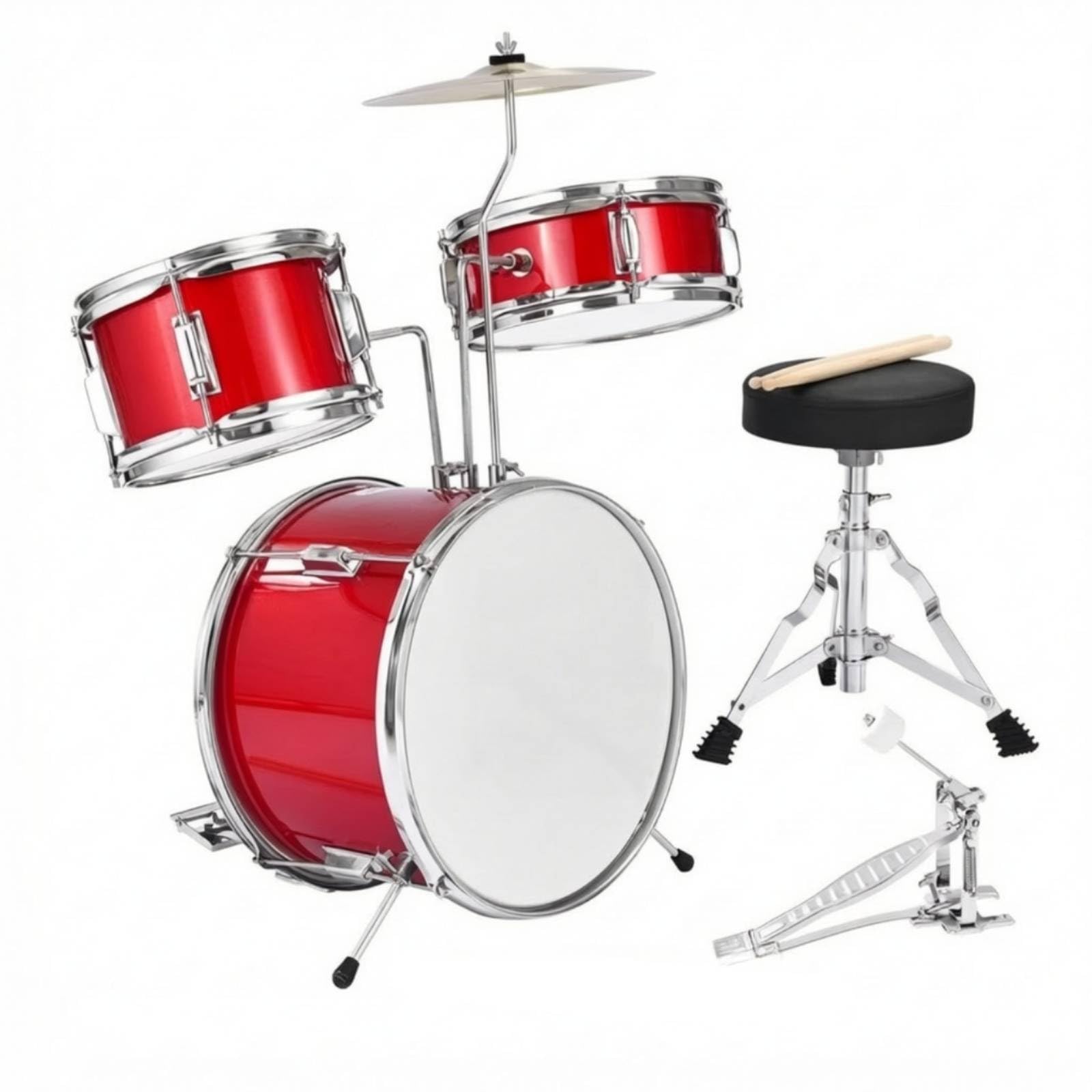 kowaku Batteria con Sgabello e Piatto Acustica Batteria Musicale con Sgabello Regolabile Strumento per Casa , Rosso